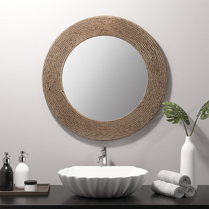 Buy farmhouse furniture Natural Jute Rope Round Wall Mirror 26" - Modern Cottage Farmhouse Furniture