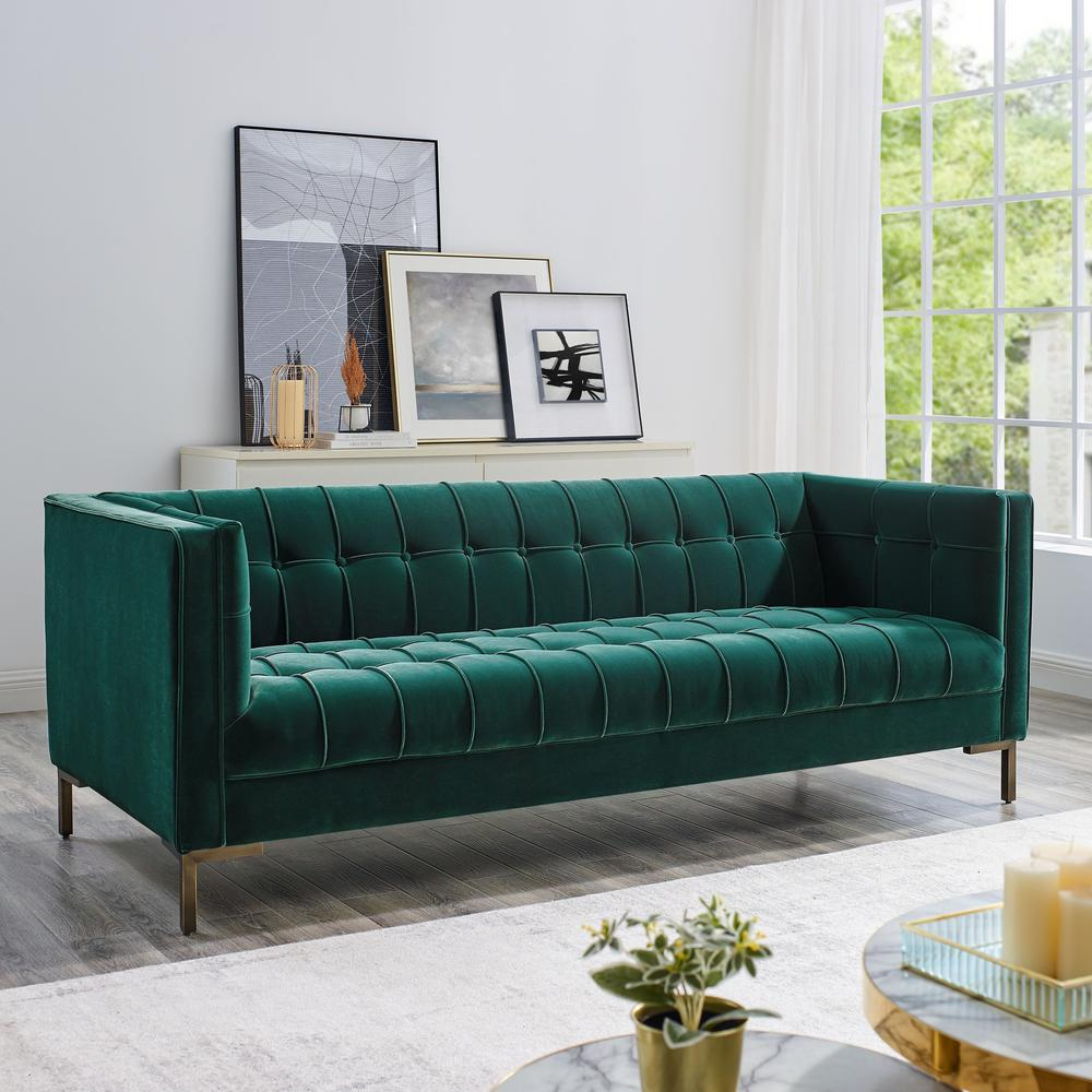 Boho Aesthetic Isaac Channel Stitch Green Velvet Sofa | Biophilic Design Airbnb Decor Furniture 