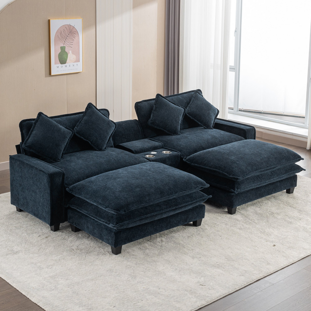 Boho Aesthetic 112.6" Sectional Sofa Chenille Upholstered Sofa with Two Removable Ottoman, Two USB Ports, Two Cup Holders and Large Storage Box for Living Room, Blue | Biophilic Design Airbnb Decor Furniture 