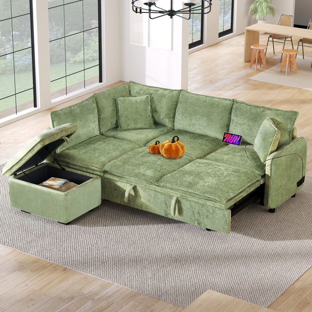 Boho Aesthetic 82.67"Convertible Sofa Bed Sectional Sofa Sleeper L-shaped Sofa with a Storage Ottoman,Two Pillows, Two Power Sockets and Two USB Ports for Living Room, Green | Biophilic Design Airbnb Decor Furniture 