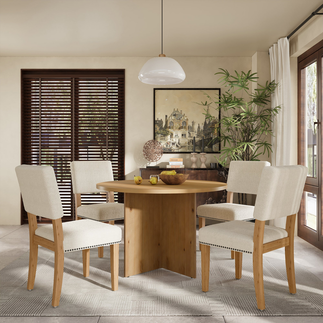 Modern 5 Piece Round Dining Table Set Pedestal Kitchen Table Set with 4 Upholstered Dining Chairs for Studio Apartment Small Places Natural Biophilic Design Boho Aesthetic Artisan Blooms