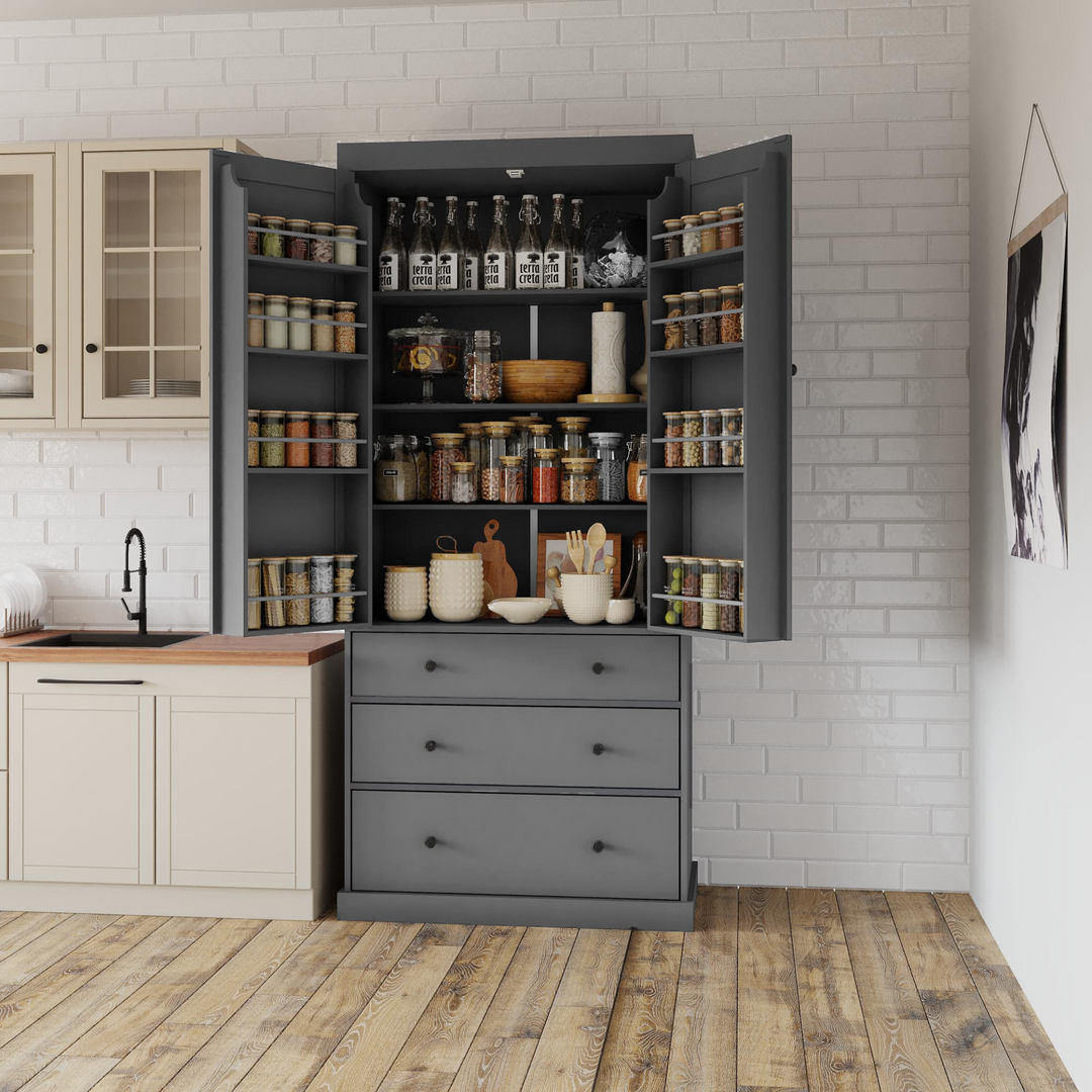 Boho Aesthetic 77inch Farmhouse Kitchen Pantry, Freestanding Tall Cupboard Storage Cabinet with 3 Adjustable Shelves, 8 Door Shelves, 3 Drawers for Kitchen, Dining Room, Gray | Biophilic Design Airbnb Decor Furniture 