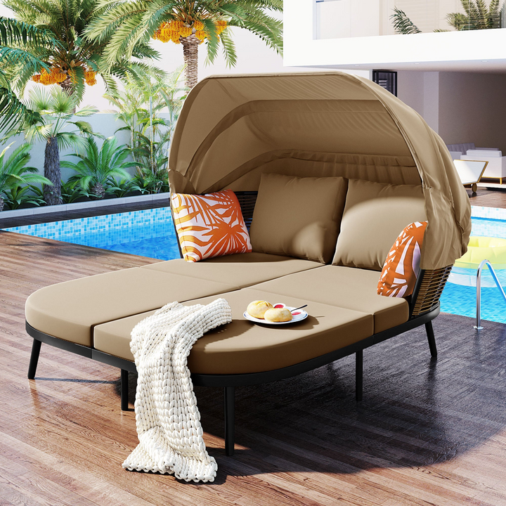 Boho Aesthetic 74.8" L Patio Daybed with Retractable Canopy, Outdoor Rattan PE Wicker Back Loveseat Sofa Set with Throw Pillows and Cushions for Backyard, Poolside, Garden, Brown | Biophilic Design Airbnb Decor Furniture 