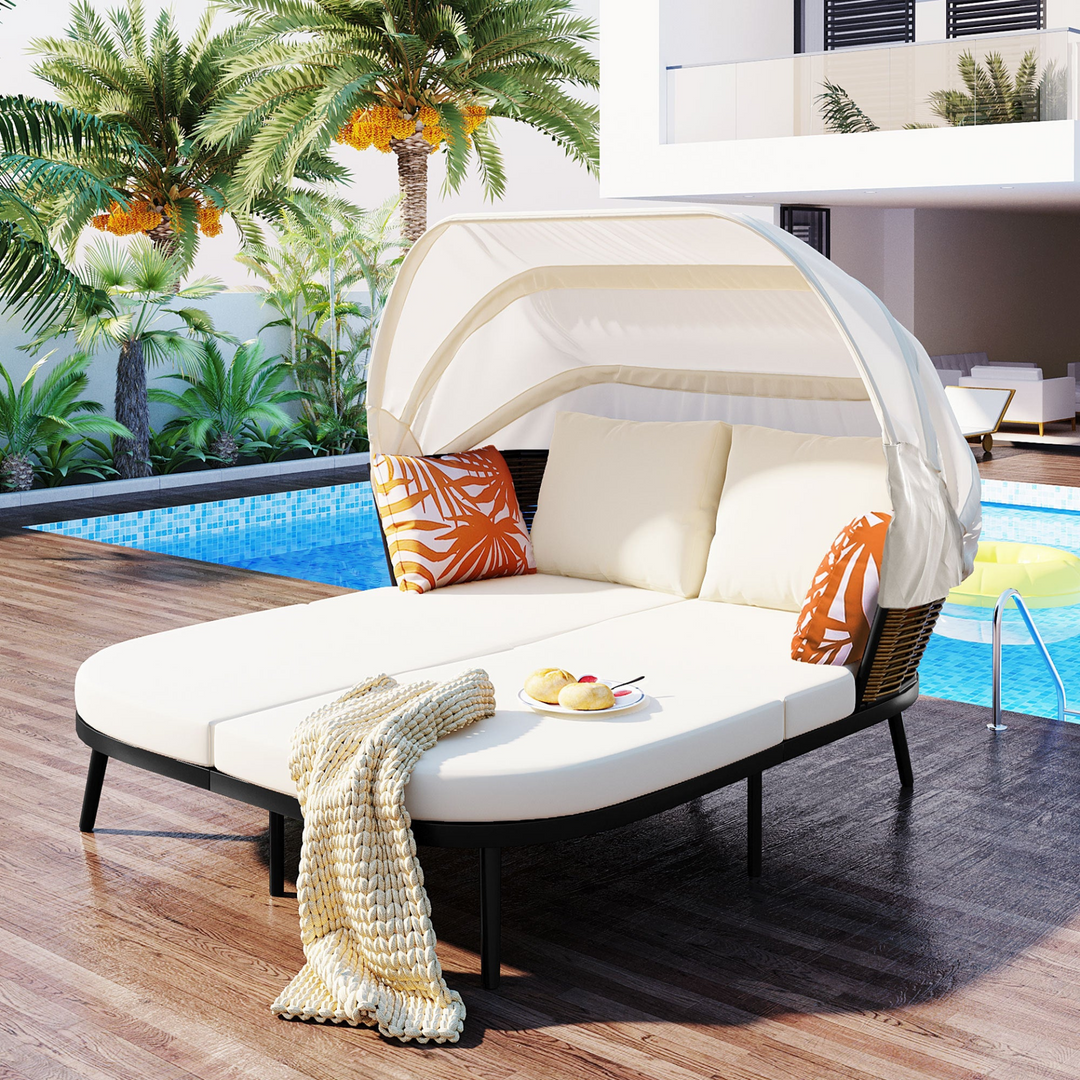 Boho Aesthetic 74.8" L Patio Daybed with Retractable Canopy, Outdoor Rattan PE Wicker Back Loveseat Sofa Set with Throw Pillows and Cushions for Backyard, Poolside, Garden, Beige | Biophilic Design Airbnb Decor Furniture 
