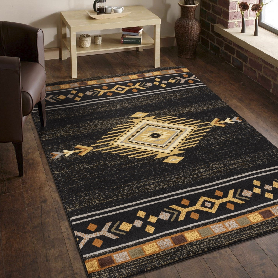 Boho Aesthetic Tribes GC_YLS4001 Black 5 ft. 3 in. x 7 ft. 3 in. Southwest Area Rug | Biophilic Design Airbnb Decor Furniture 