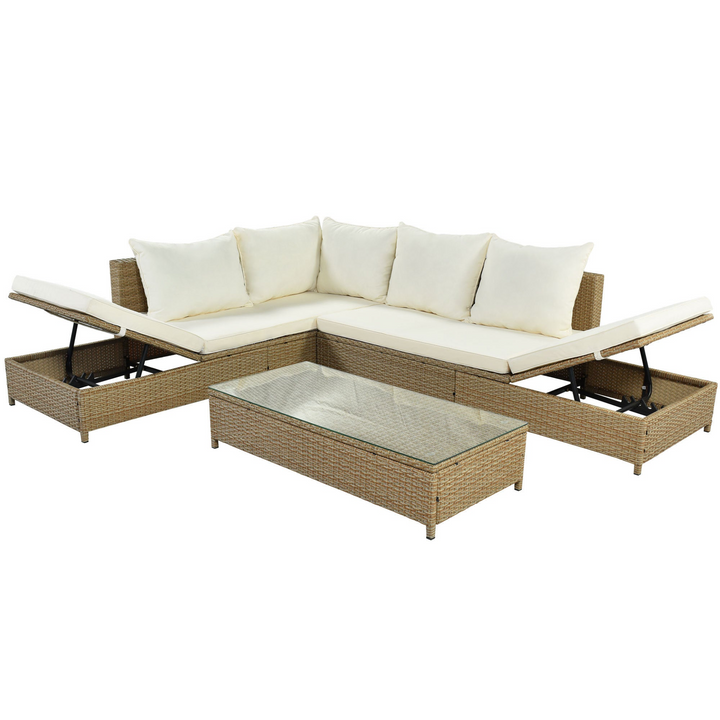 Boho Aesthetic Patio 3-Piece Rattan Sofa Set All Weather PE Wicker Sectional Set with Adjustable Chaise Lounge Frame and Tempered Glass Table, Natural Brown | Biophilic Design Airbnb Decor Furniture 