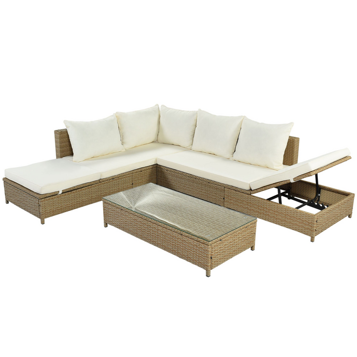 Boho Aesthetic Patio 3-Piece Rattan Sofa Set All Weather PE Wicker Sectional Set with Adjustable Chaise Lounge Frame and Tempered Glass Table, Natural Brown | Biophilic Design Airbnb Decor Furniture 