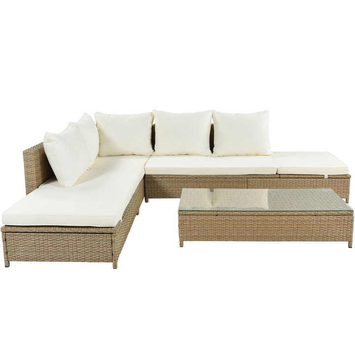 Boho Aesthetic Patio 3-Piece Rattan Sofa Set All Weather PE Wicker Sectional Set with Adjustable Chaise Lounge Frame and Tempered Glass Table, Natural Brown | Biophilic Design Airbnb Decor Furniture 