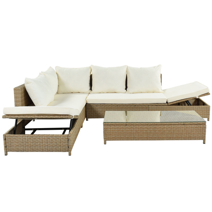 Boho Aesthetic Patio 3-Piece Rattan Sofa Set All Weather PE Wicker Sectional Set with Adjustable Chaise Lounge Frame and Tempered Glass Table, Natural Brown | Biophilic Design Airbnb Decor Furniture 