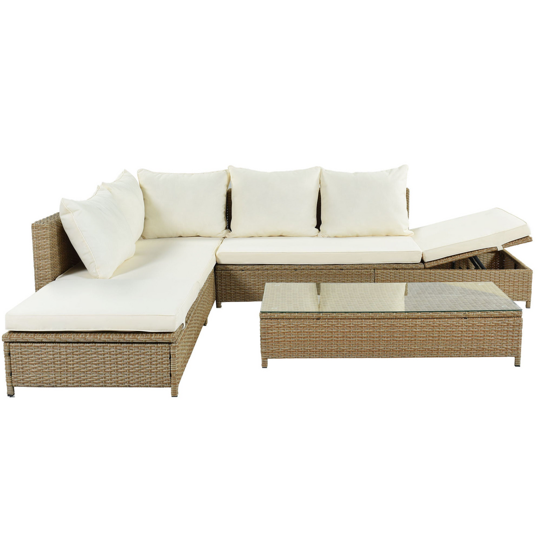 Boho Aesthetic Patio 3-Piece Rattan Sofa Set All Weather PE Wicker Sectional Set with Adjustable Chaise Lounge Frame and Tempered Glass Table, Natural Brown | Biophilic Design Airbnb Decor Furniture 