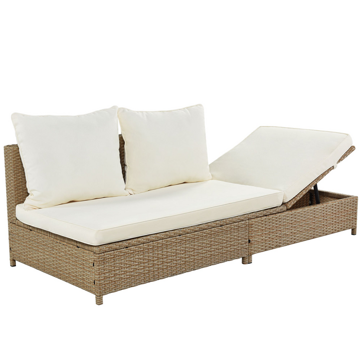 Boho Aesthetic Patio 3-Piece Rattan Sofa Set All Weather PE Wicker Sectional Set with Adjustable Chaise Lounge Frame and Tempered Glass Table, Natural Brown | Biophilic Design Airbnb Decor Furniture 