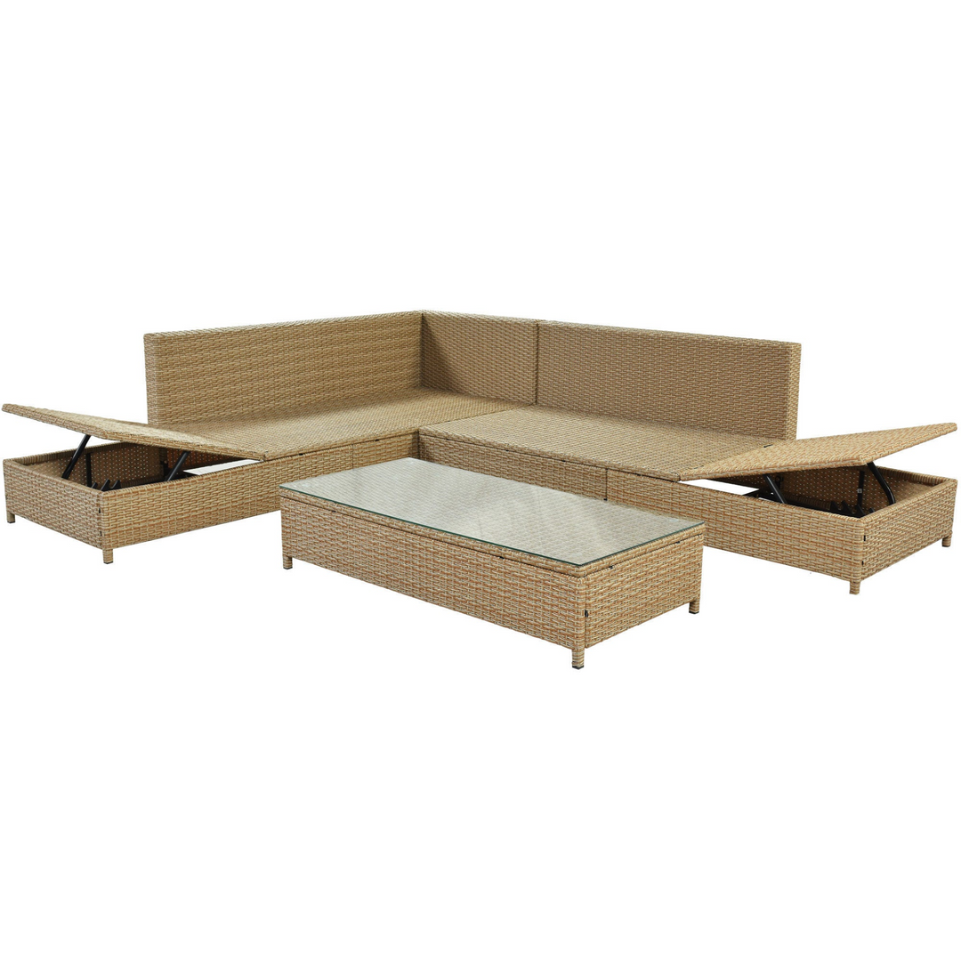 Boho Aesthetic Patio 3-Piece Rattan Sofa Set All Weather PE Wicker Sectional Set with Adjustable Chaise Lounge Frame and Tempered Glass Table, Natural Brown | Biophilic Design Airbnb Decor Furniture 