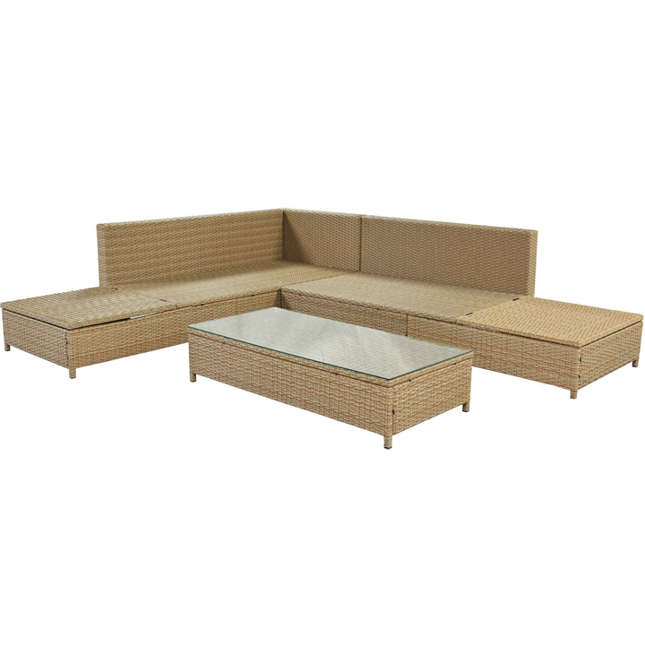 Boho Aesthetic Patio 3-Piece Rattan Sofa Set All Weather PE Wicker Sectional Set with Adjustable Chaise Lounge Frame and Tempered Glass Table, Natural Brown | Biophilic Design Airbnb Decor Furniture 