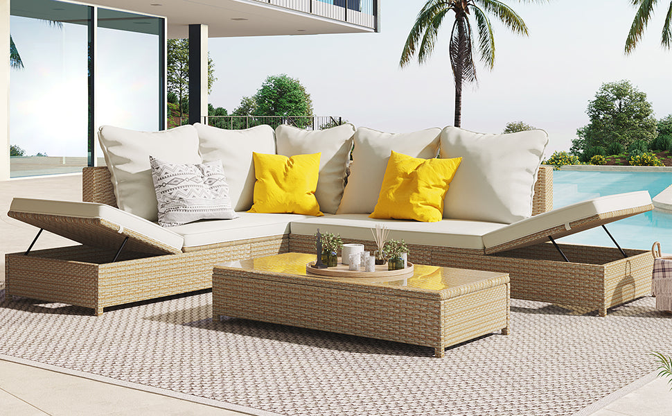 Boho Aesthetic Patio 3-Piece Rattan Sofa Set All Weather PE Wicker Sectional Set with Adjustable Chaise Lounge Frame and Tempered Glass Table, Natural Brown | Biophilic Design Airbnb Decor Furniture 