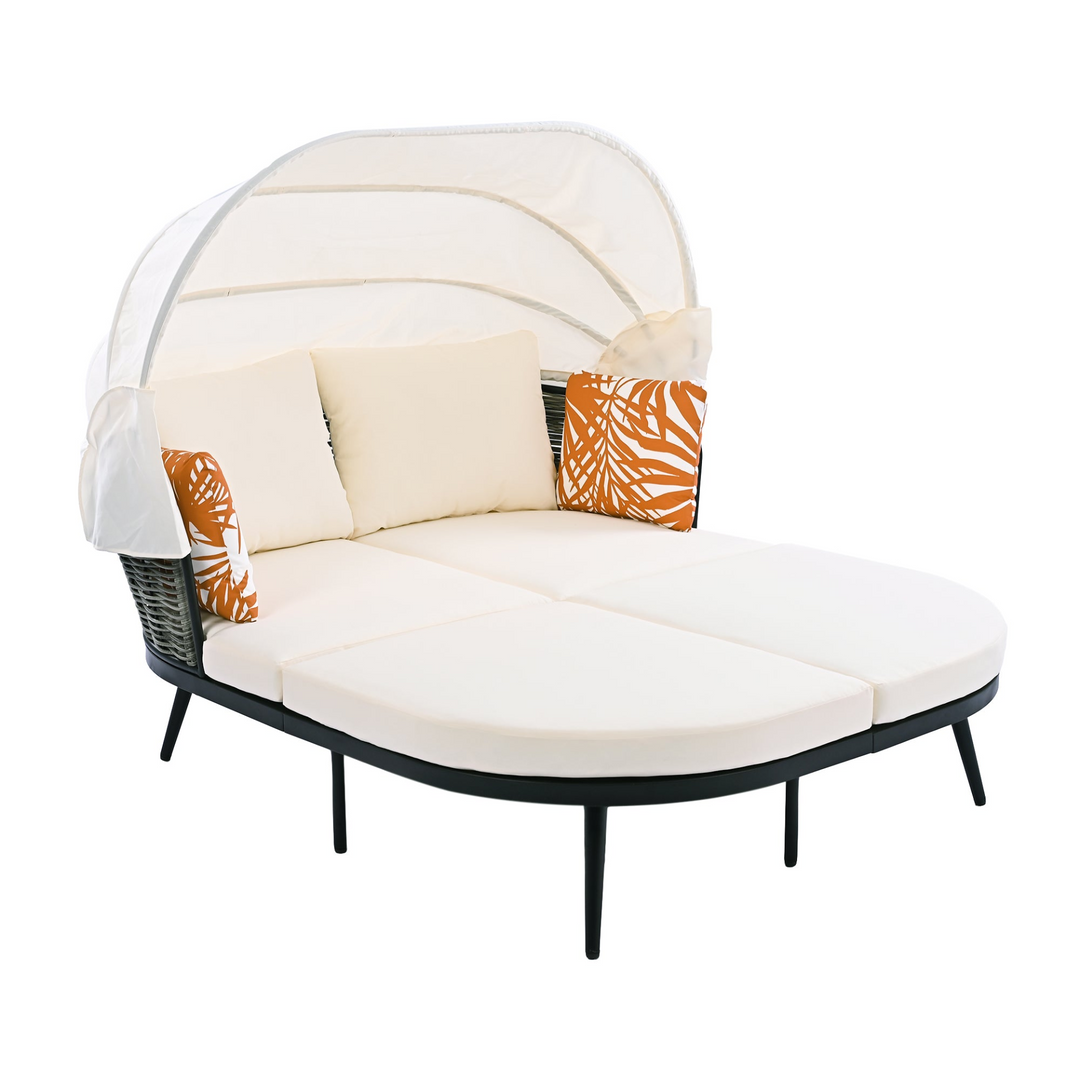 Boho Aesthetic 74.8" L Patio Daybed with Retractable Canopy, Outdoor Rattan PE Wicker Back Loveseat Sofa Set with Throw Pillows and Cushions for Backyard, Poolside, Garden, Beige | Biophilic Design Airbnb Decor Furniture 