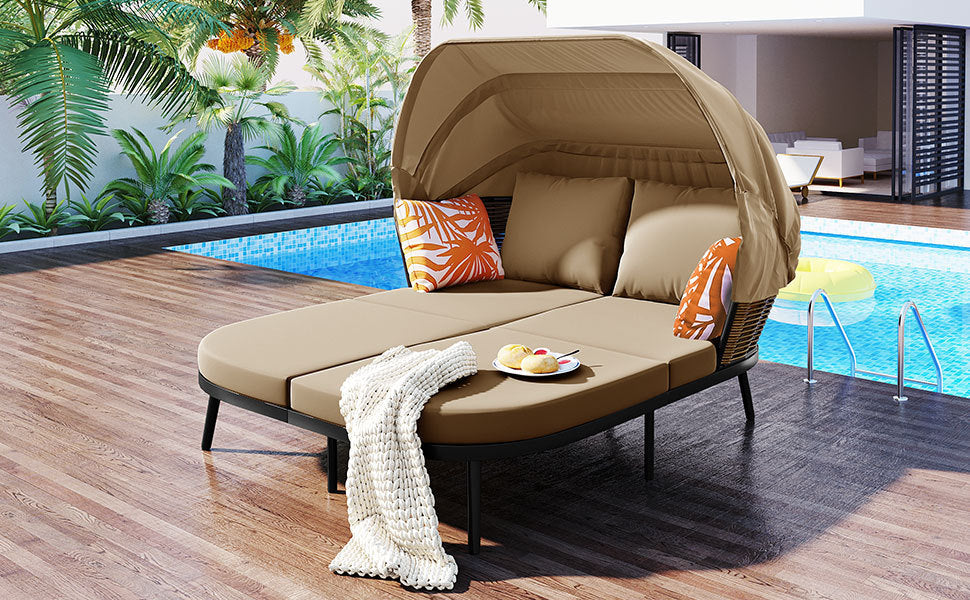 Boho Aesthetic 74.8" L Patio Daybed with Retractable Canopy, Outdoor Rattan PE Wicker Back Loveseat Sofa Set with Throw Pillows and Cushions for Backyard, Poolside, Garden, Brown | Biophilic Design Airbnb Decor Furniture 