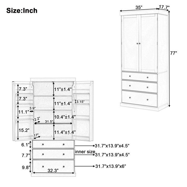 Boho Aesthetic 77inch Farmhouse Kitchen Pantry, Freestanding Tall Cupboard Storage Cabinet with 3 Adjustable Shelves, 8 Door Shelves, 3 Drawers for Kitchen, Dining Room, Gray | Biophilic Design Airbnb Decor Furniture 