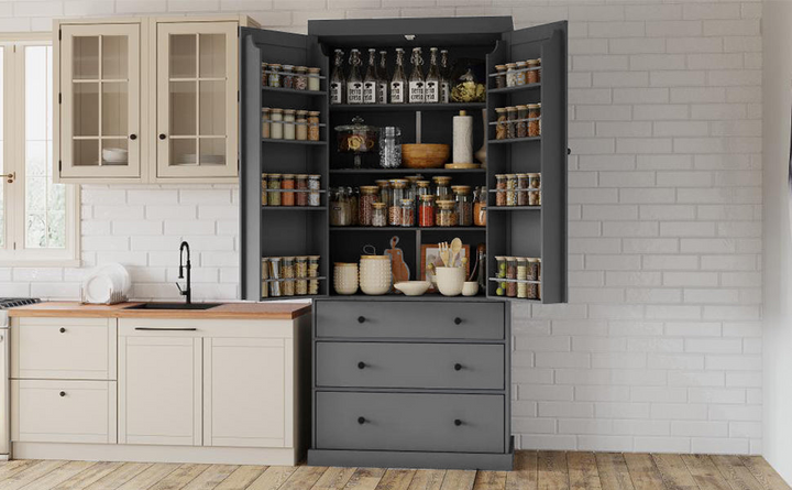 Boho Aesthetic 77inch Farmhouse Kitchen Pantry, Freestanding Tall Cupboard Storage Cabinet with 3 Adjustable Shelves, 8 Door Shelves, 3 Drawers for Kitchen, Dining Room, Gray | Biophilic Design Airbnb Decor Furniture 