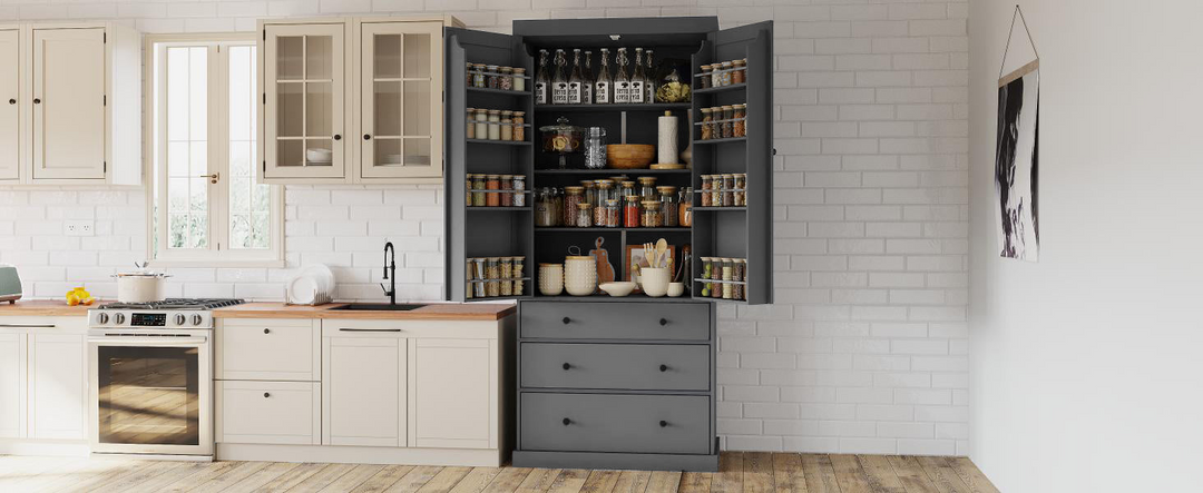 Boho Aesthetic 77inch Farmhouse Kitchen Pantry, Freestanding Tall Cupboard Storage Cabinet with 3 Adjustable Shelves, 8 Door Shelves, 3 Drawers for Kitchen, Dining Room, Gray | Biophilic Design Airbnb Decor Furniture 