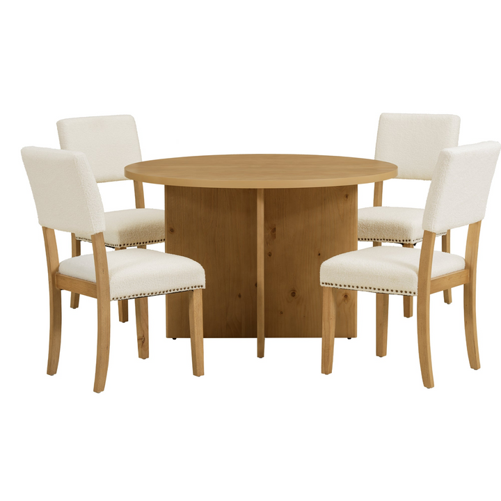 Boho Aesthetic Modern 5-Piece Round Dining Table Set Pedestal Kitchen Table Set with 4 Upholstered Dining Chairs for Studio, Apartment, Small Places, Natural | Biophilic Design Airbnb Decor Furniture 