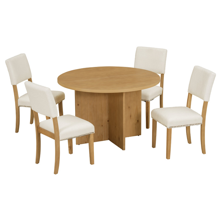 Boho Aesthetic Modern 5-Piece Round Dining Table Set Pedestal Kitchen Table Set with 4 Upholstered Dining Chairs for Studio, Apartment, Small Places, Natural | Biophilic Design Airbnb Decor Furniture 