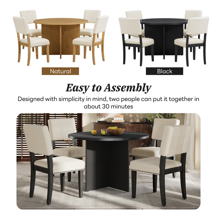 Boho Aesthetic Modern 5-Piece Round Dining Table Set Pedestal Kitchen Table Set with 4 Upholstered Dining Chairs for Studio, Apartment, Small Places, Black | Biophilic Design Airbnb Decor Furniture 