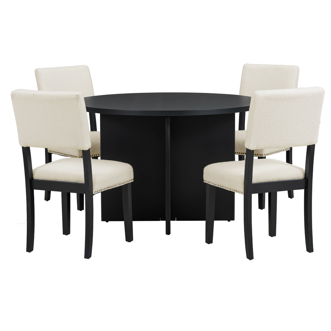 Boho Aesthetic Modern 5-Piece Round Dining Table Set Pedestal Kitchen Table Set with 4 Upholstered Dining Chairs for Studio, Apartment, Small Places, Black | Biophilic Design Airbnb Decor Furniture 