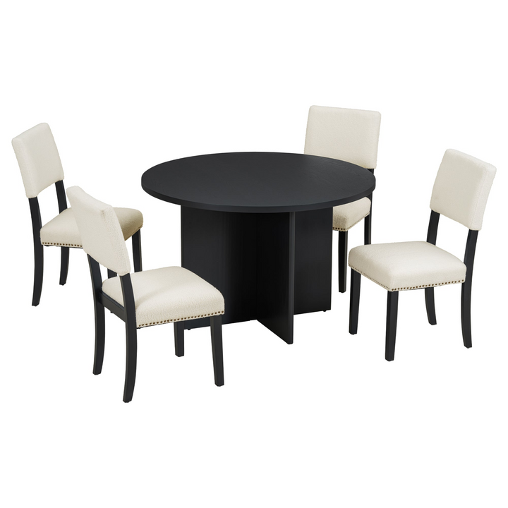 Boho Aesthetic Modern 5-Piece Round Dining Table Set Pedestal Kitchen Table Set with 4 Upholstered Dining Chairs for Studio, Apartment, Small Places, Black | Biophilic Design Airbnb Decor Furniture 