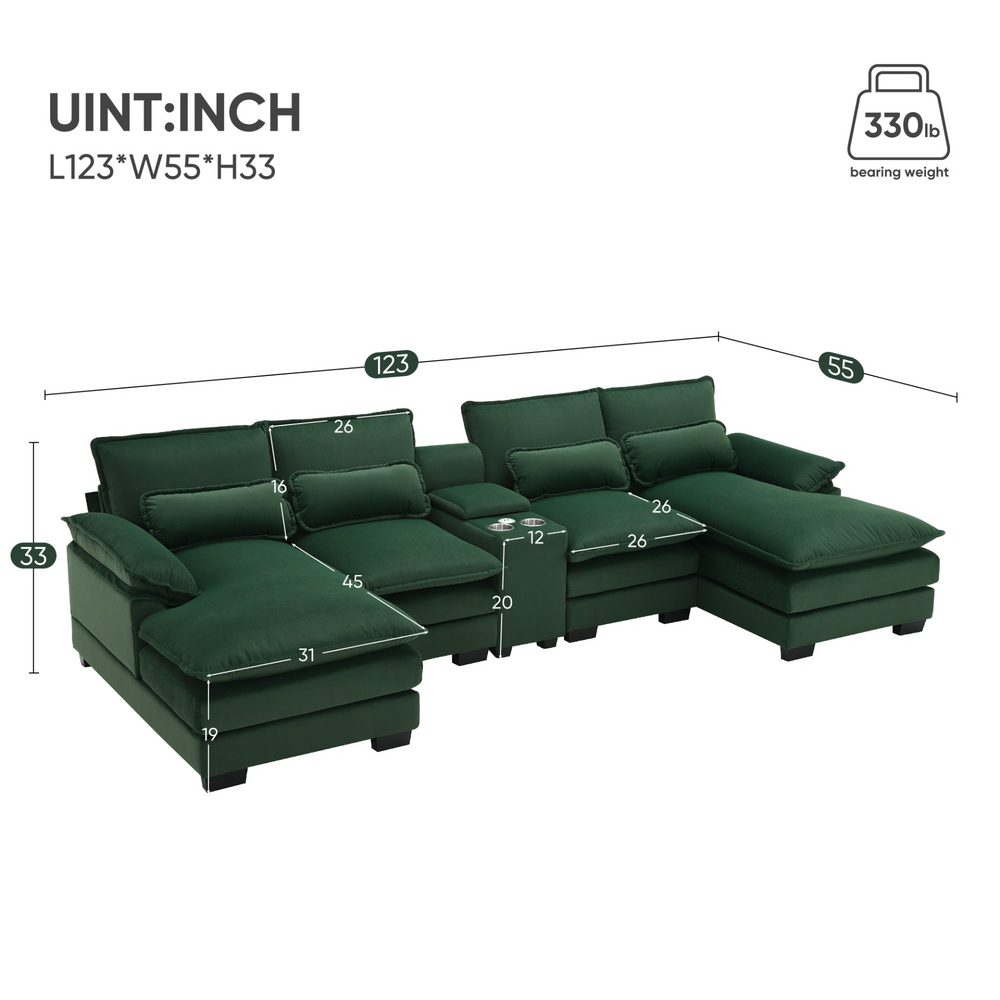 Boho Aesthetic Greenhouse | Modern Velvet Green U-shaped Sofa with Console | Biophilic Design Airbnb Decor Furniture 