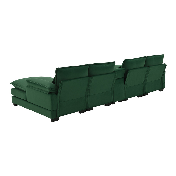 Boho Aesthetic Greenhouse | Modern Velvet Green U-shaped Sofa with Console | Biophilic Design Airbnb Decor Furniture 