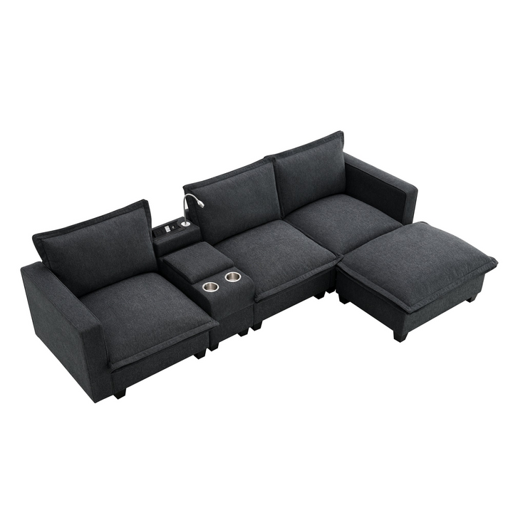 Boho Aesthetic 109*57"Modern Sectional Cloud Sofa with Console,USB Charging Port,Reading Light,Cup Holder,4 Seat Chenille Modular Couch,Storable Indoor Funiture for Living Room,Apartment,2 Color | Biophilic Design Airbnb Decor Furniture 