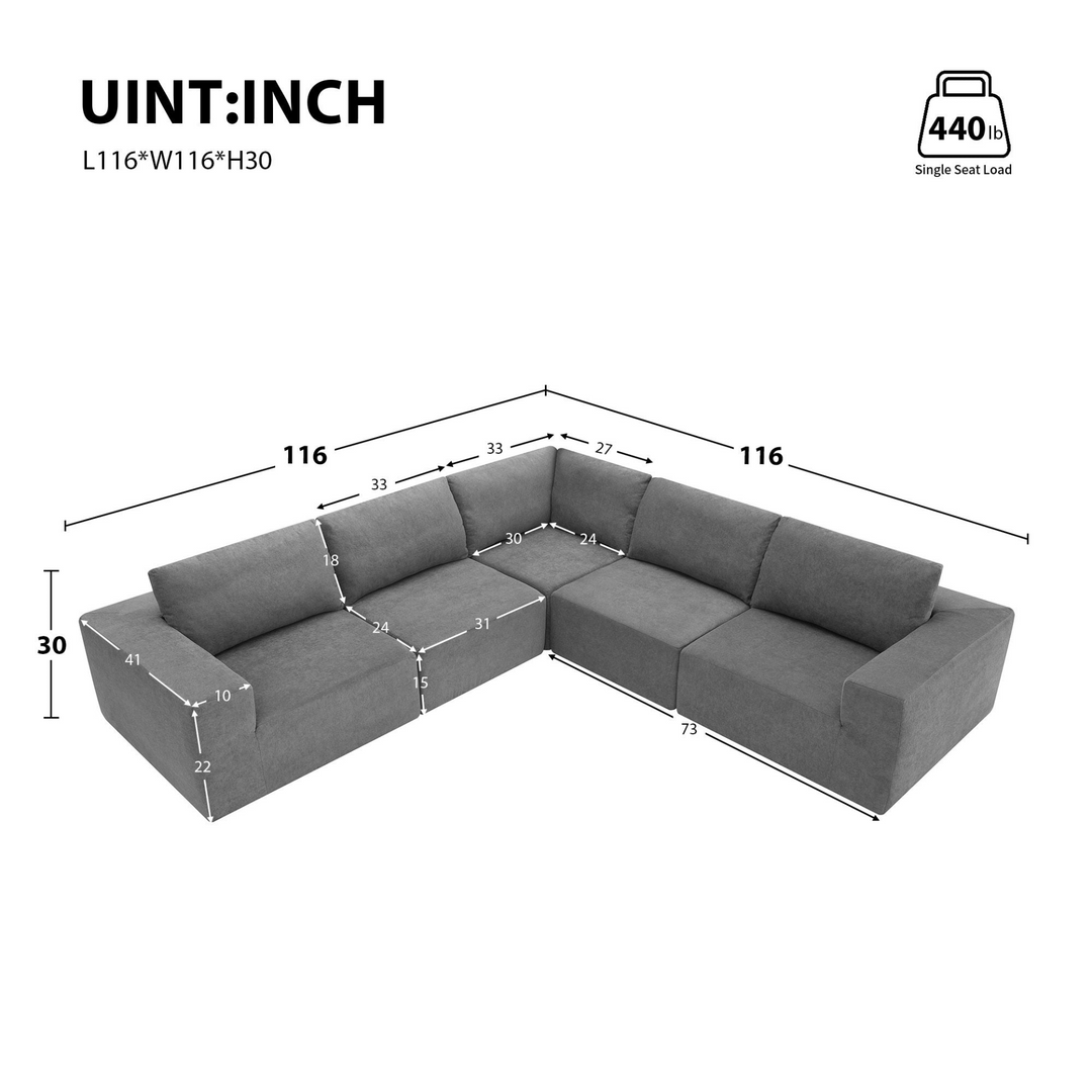 Boho Aesthetic 116*116" Modular L Shaped Sectional Sofa,Luxury Floor Couch Set,Upholstered Indoor Furniture,Foam-Filled Sleeper Sofa Bed for Living Room,Bedroom,5 PC Free Combination,3 Colors | Biophilic Design Airbnb Decor Furniture 
