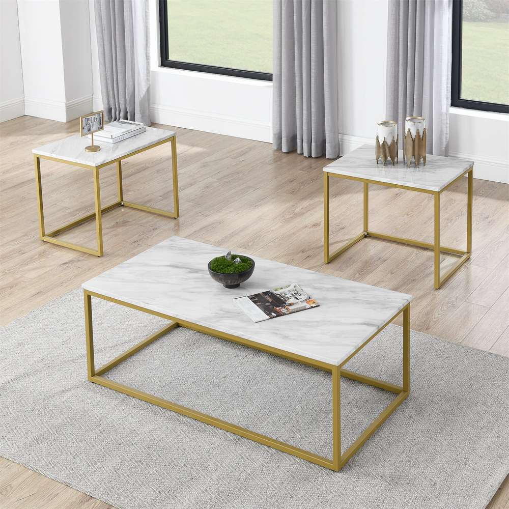 Boho Aesthetic White Faux Marble Coffee Table Simple Modern 1pc Coffee Tables with  2pcs Table for Living Room and Office, White Gold | Biophilic Design Airbnb Decor Furniture 
