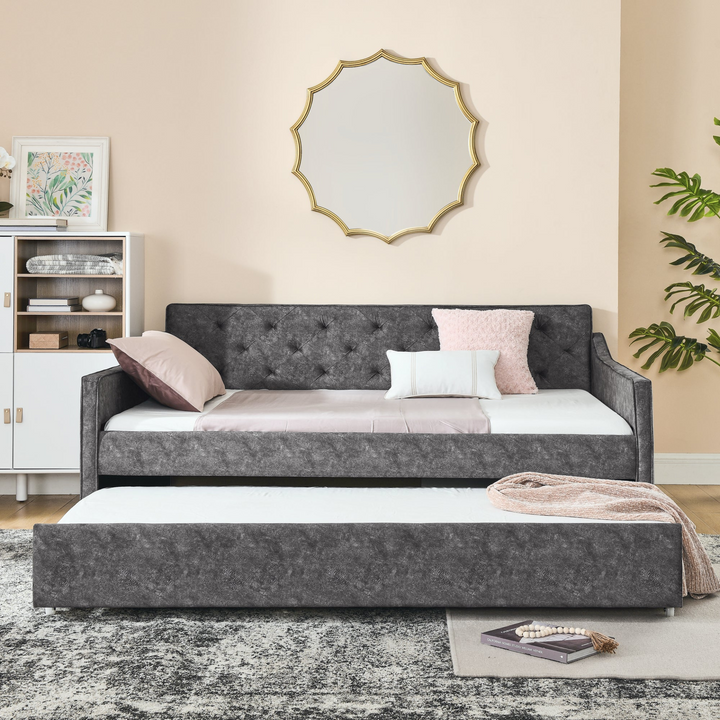 Boho Aesthetic Full Size Daybed with Twin Size Trundle Upholstered Tufted Sofa Bed,  Waved Shape Arms, Grey | Biophilic Design Airbnb Decor Furniture 