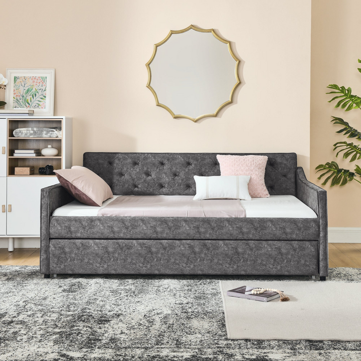 Boho Aesthetic Full Size Daybed with Twin Size Trundle Upholstered Tufted Sofa Bed,  Waved Shape Arms, Grey | Biophilic Design Airbnb Decor Furniture 