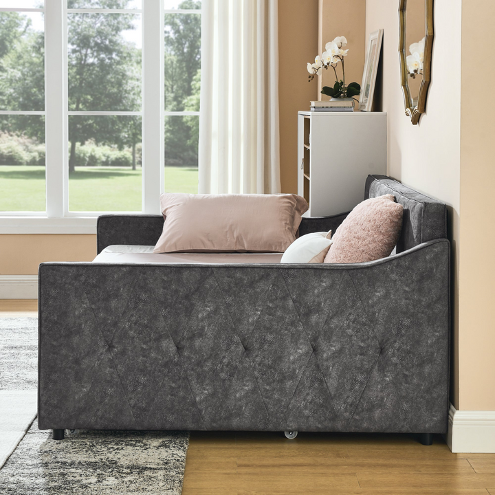 Boho Aesthetic Full Size Daybed with Twin Size Trundle Upholstered Tufted Sofa Bed,  Waved Shape Arms, Grey | Biophilic Design Airbnb Decor Furniture 