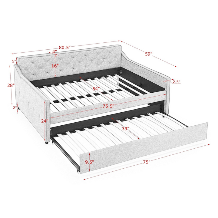 Boho Aesthetic Full Size Daybed with Twin Size Trundle Upholstered Tufted Sofa Bed,  Waved Shape Arms, Grey | Biophilic Design Airbnb Decor Furniture 