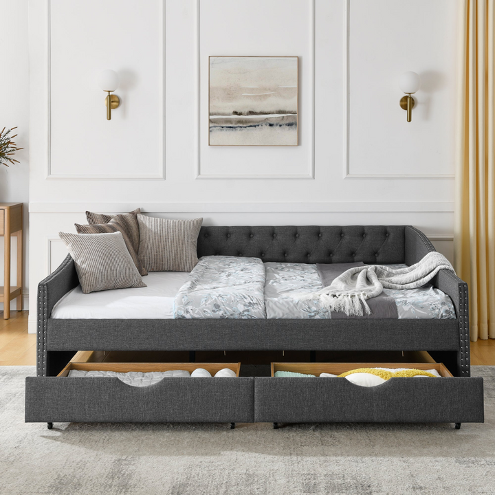 Boho Aesthetic Queen Size Daybed with Drawers Upholstered Tufted Sofa Bed,,with Button on Back and Copper Nail on Waved Shape Arms(84.5"x63.5"x26.5") | Biophilic Design Airbnb Decor Furniture 