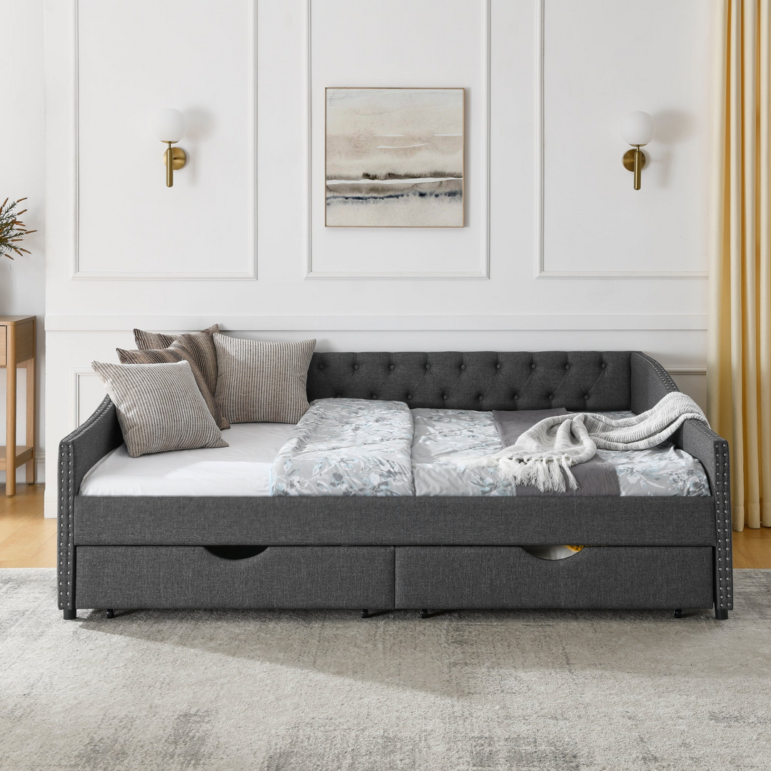 Boho Aesthetic Queen Size Daybed with Drawers Upholstered Tufted Sofa Bed,,with Button on Back and Copper Nail on Waved Shape Arms(84.5"x63.5"x26.5") | Biophilic Design Airbnb Decor Furniture 