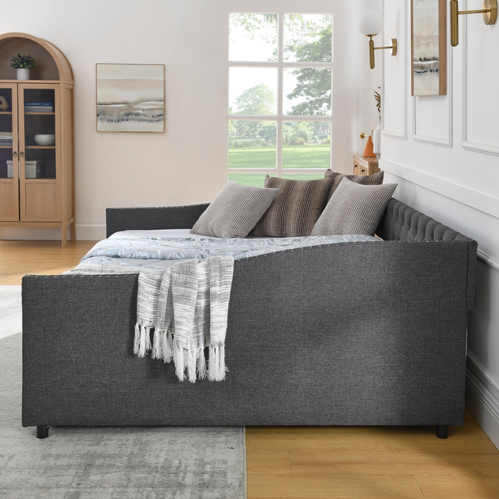 Boho Aesthetic Queen Size Daybed with Drawers Upholstered Tufted Sofa Bed,,with Button on Back and Copper Nail on Waved Shape Arms(84.5"x63.5"x26.5") | Biophilic Design Airbnb Decor Furniture 