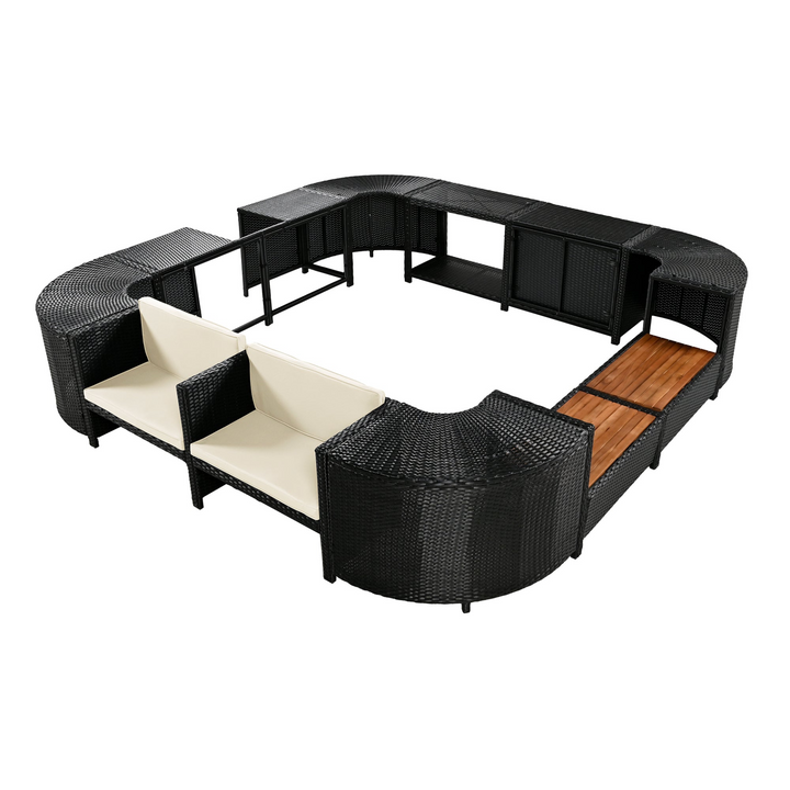 Boho Aesthetic Spa Surround Spa Frame Quadrilateral Outdoor Rattan Sectional Sofa Set with Mini Sofa,Wooden Seats and Storage Spaces, Beige | Biophilic Design Airbnb Decor Furniture 