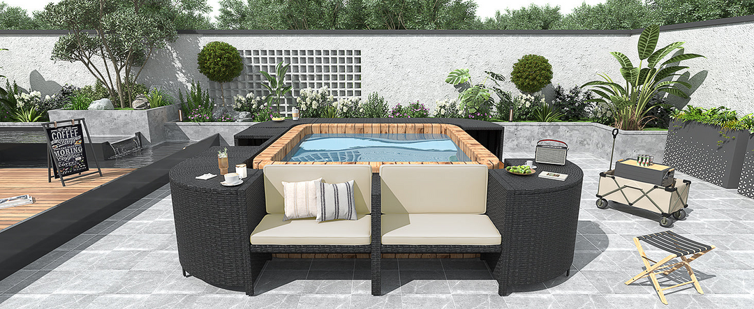 Boho Aesthetic Spa Surround Spa Frame Quadrilateral Outdoor Rattan Sectional Sofa Set with Mini Sofa,Wooden Seats and Storage Spaces, Beige | Biophilic Design Airbnb Decor Furniture 
