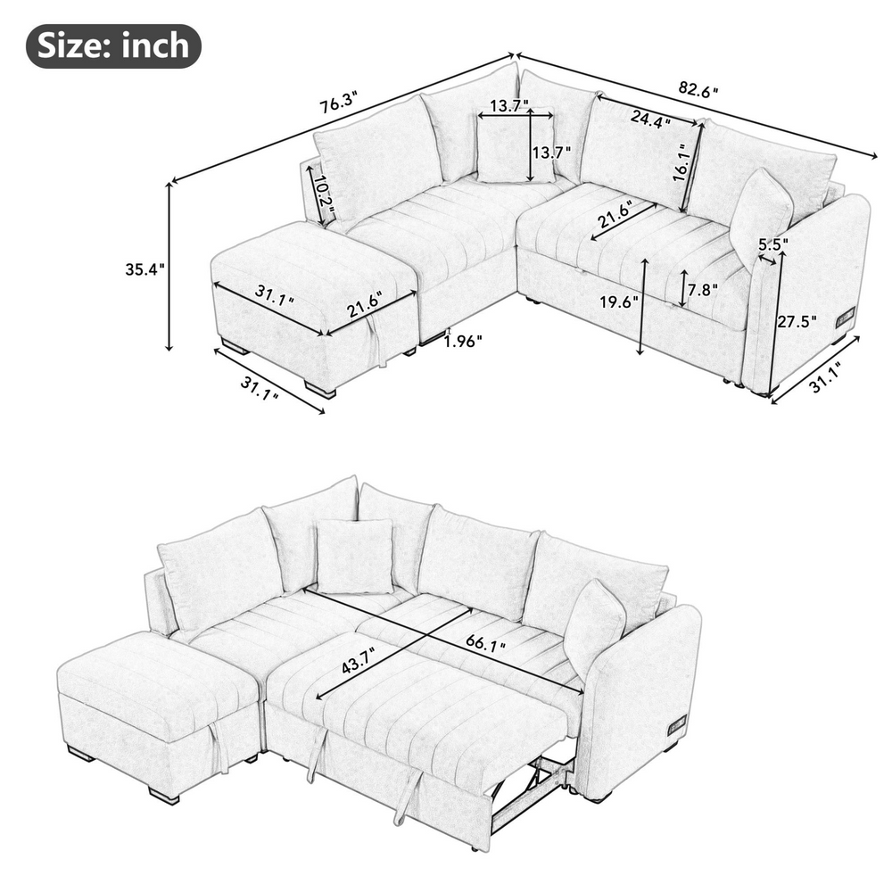 Boho Aesthetic 82.6" L-shaped Sectional Pull Out Sofa Bed Sleeper Sofa with Two USB Ports, Two Power Sockets and a Movable Storage Ottoman, Beige | Biophilic Design Airbnb Decor Furniture 