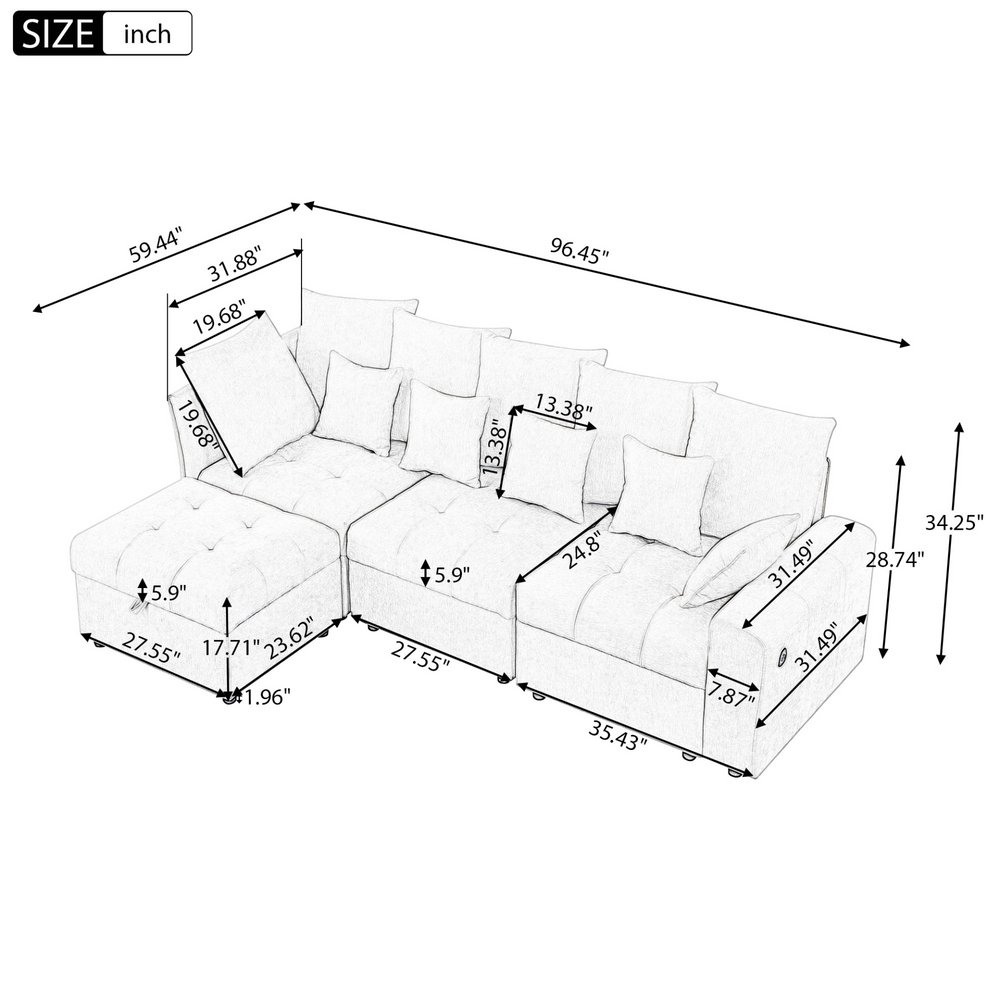Boho Aesthetic 96.45"Sectional sofa Modular Sofa Couch with Three USB Ports, a Removable Storage Ottoman and Five Back Pillows for Living Room, Grey | Biophilic Design Airbnb Decor Furniture 
