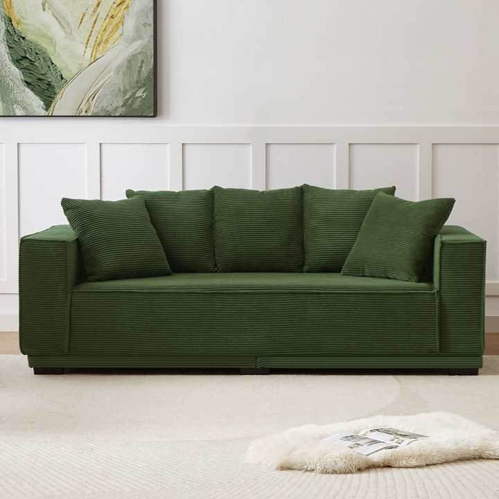 Boho Aesthetic 88.97'' Mid Century Modern Upholstered Sofa  with 5 Matching Toss Pillows, Including bottom frame,Comfy Couches  for Living Room, Bedroom, Apartment and Office.GREEN. | Biophilic Design Airbnb Decor Furniture 