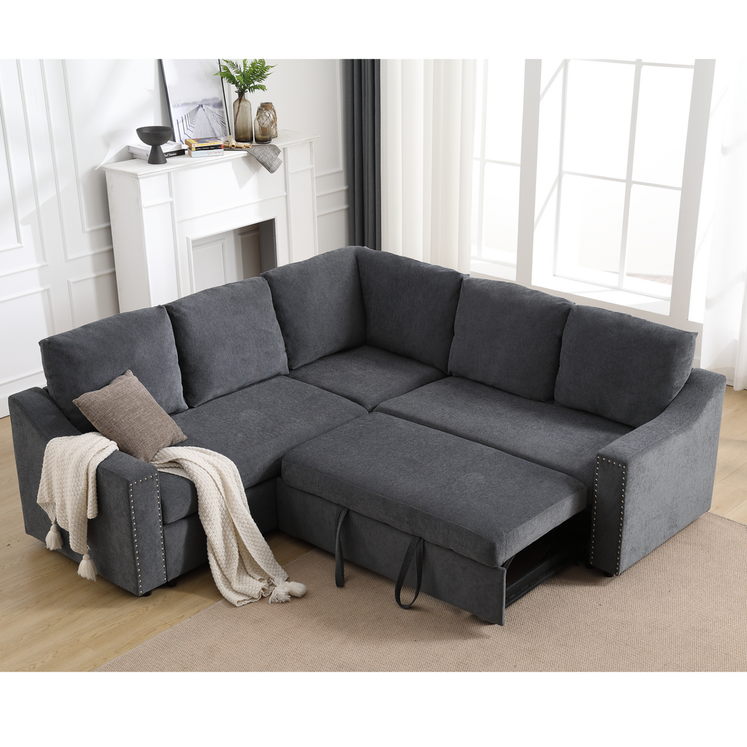 Boho Aesthetic L-shaped sofa with pull-out sofa bed, Corner Sofa,comfortable living room furniture set, sleeper sofa bed,Corner seat for two with broaching sofa,Rivet DeChenille,Gray | Biophilic Design Airbnb Decor Furniture 