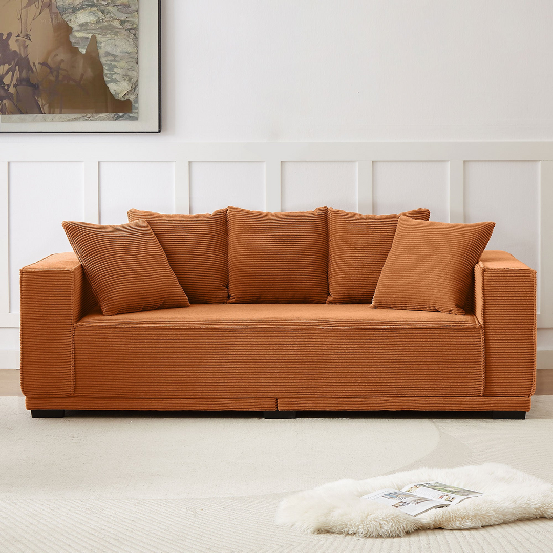 Boho Aesthetic 88.97'' Corduroy Sofa with 5 Matching Toss Pillows Modern Upholstered Sofa Including bottom frame for Bedroom, Apartment and Office.ORANGE | Biophilic Design Airbnb Decor Furniture 