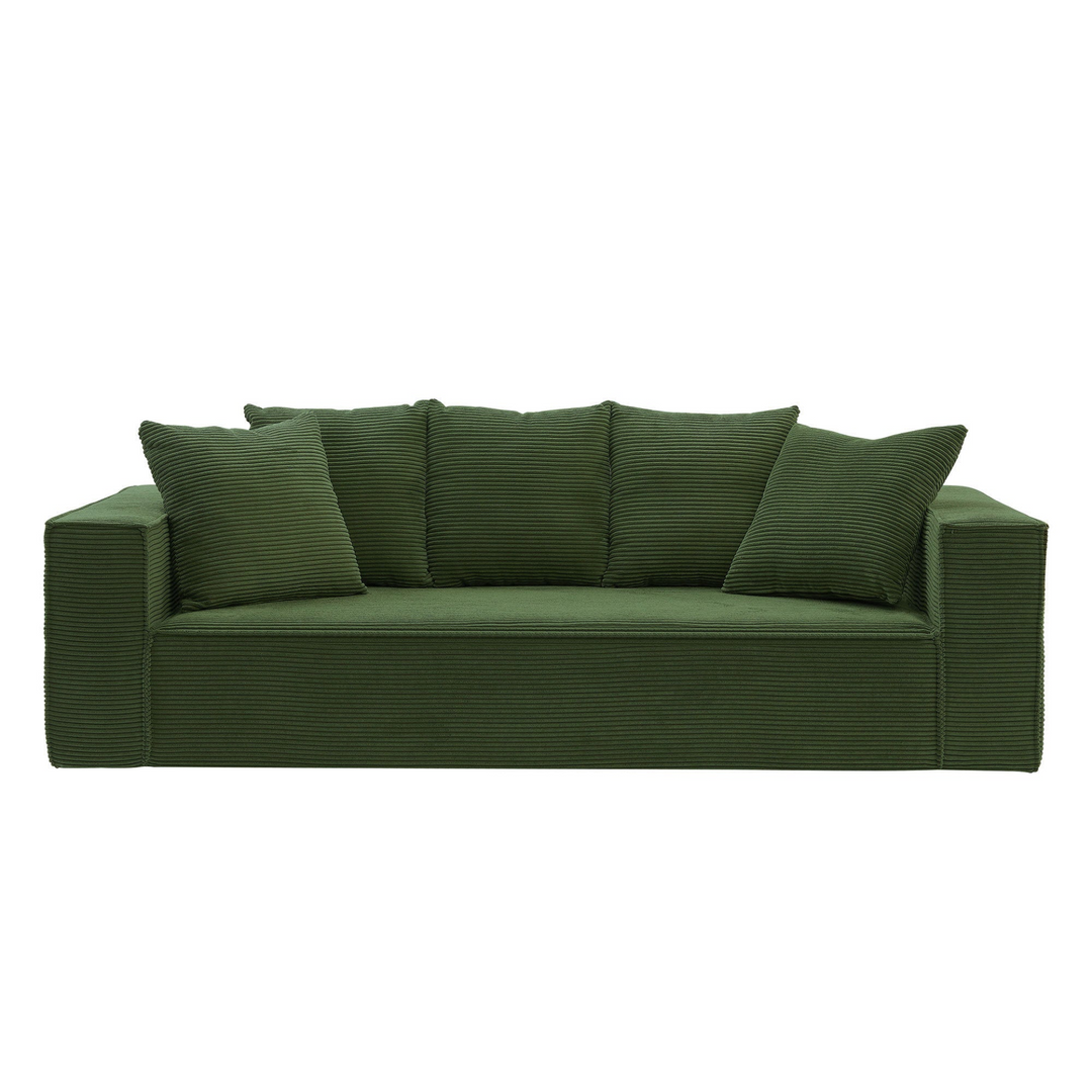Boho Aesthetic 88.97inch Corduroy Sofa with 5 Matching Toss Pillows, Sleek Design, Spacious and Comfortable 3 Seater Couch for Modern Living Room,GREEN. | Biophilic Design Airbnb Decor Furniture 