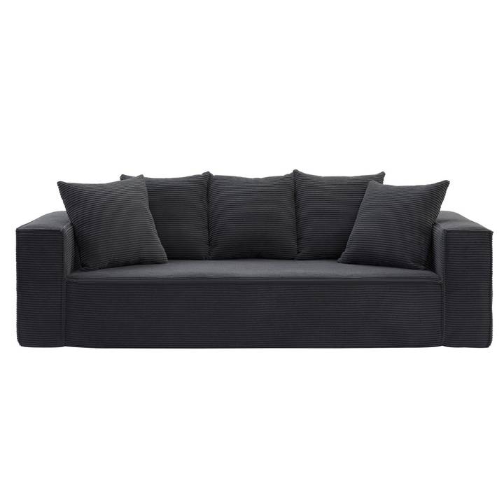 Boho Aesthetic La Cagliari  - Soft Corduroy Upholstery Streamlined Design sofa with 5 Pillows, Ample and Cozy 3 Seater Couch for Modern Spaces for Living room,office BLACK | Biophilic Design Airbnb Decor Furniture 