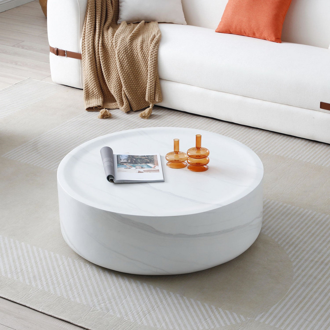 Boho Aesthetic Large  Round coffee table ,Marble table ,Simple Modern Center Cocktail Table ,Sturdy Fiberglass table for Living Room,  No Need Assembly,WHITE | Biophilic Design Airbnb Decor Furniture 